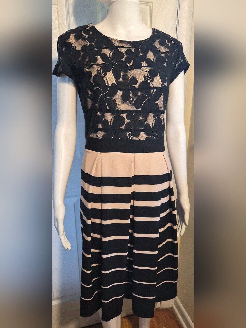 Ryan Michelle Black Floral Lace Striped Pleated Midi Fit & Flare Dress